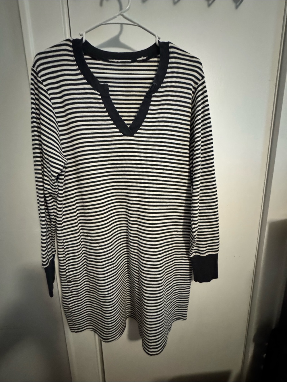Navy and White Striped V-Neck Long Sleeve Dress